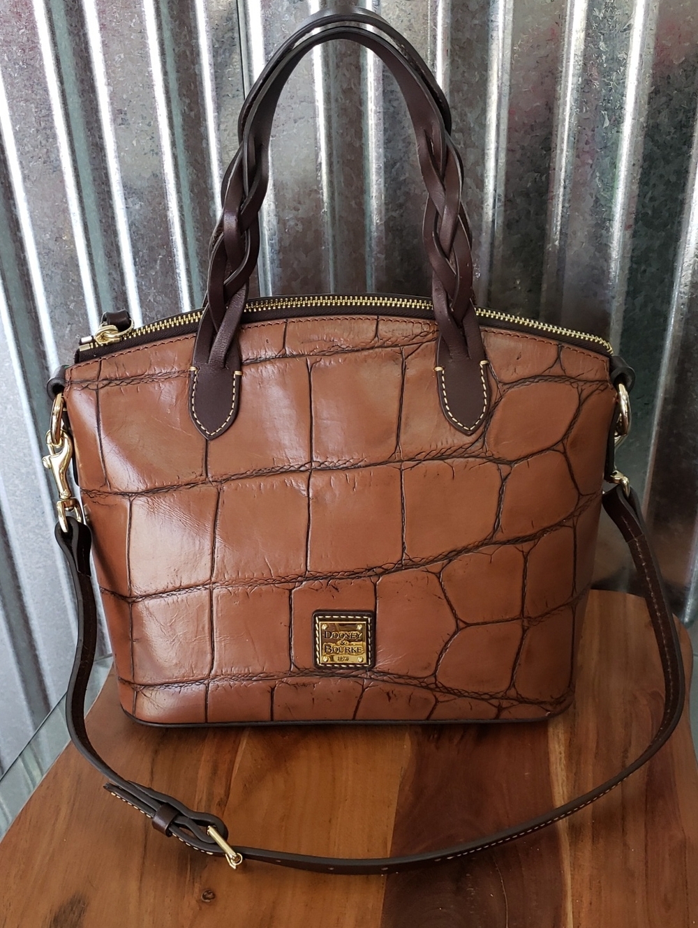 NWOT Dooney & Bourke Brown Croc-Embossed Leather Satchel with Dark Brown Handles